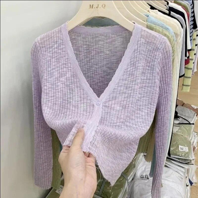 Кардиган из тонкого ледяного шелка, короткий белый женский вязаный солнцезащитный крем с длинными рукавами, тонкий укороченный топ, новая мода, простой повседневный сезон, весна-лето