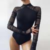 Women Bodysuit Solid Color Long Sleeve O Neck Skinny Slim Fit Sexy Japanese Korean Net Yarn Bodysuit Women Clothes