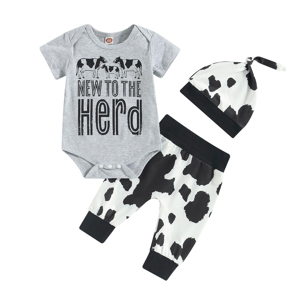 Baby 3Pcs Summer Outfits, Short Sleeve Romper + Cow Print Pants + Knot Hat Set Newborn Clothes
