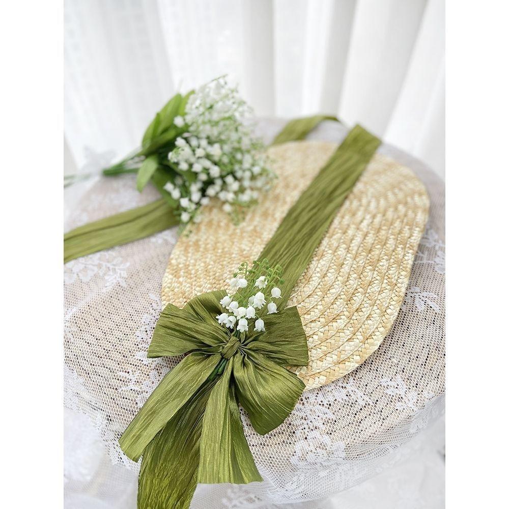 French Rural style Lolita Straw Hat Ribbon Bow Ruffle Lace Girl Sun Hat Handmade With Strap Ribbon Flower Flat Top Hat