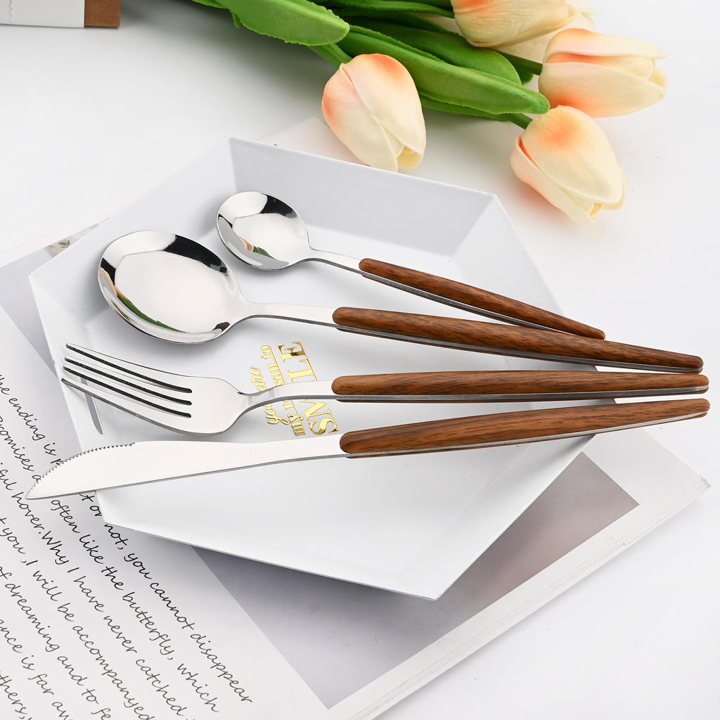 20Pcs Wooden Handle Dinnerware Steak Knife Coffee Spoon Cake Fork Set Mirror Stainless Steel Tableware Kitchen Utensils Eating Silverware