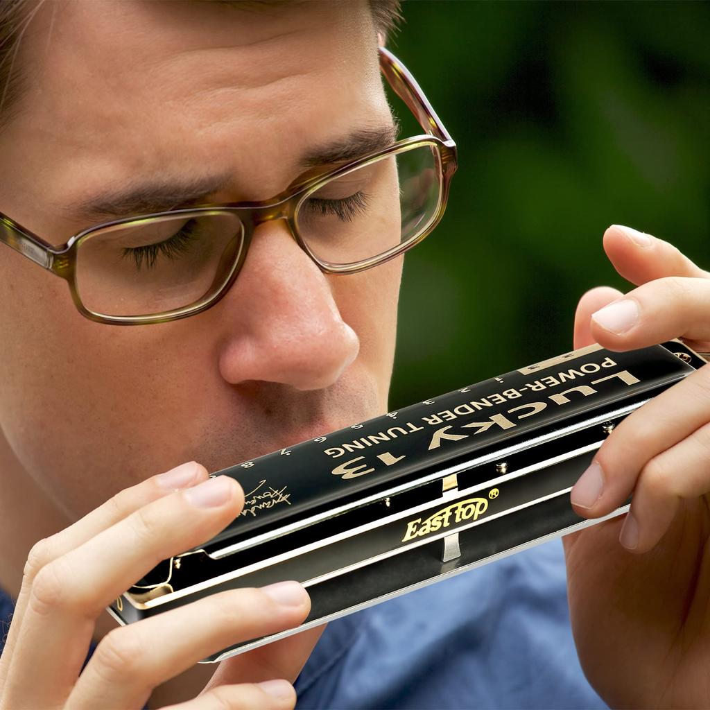 East Top Harmonica Blues Harmonica 13 Hole G Key Jazz Professional Adults Children Study Practice Brass Cover Canvas Case Lucky13 (Richter-G)