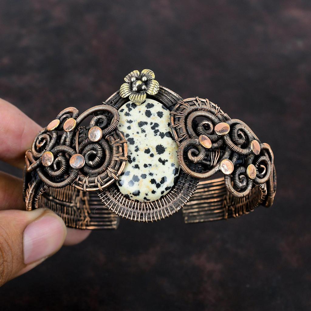 Далматинская яшма, драгоценный камень, медная проволока, браслет-манжета, регулируемый браслет, медные украшения ручной работы, цветок, браслет-манжета для подарка