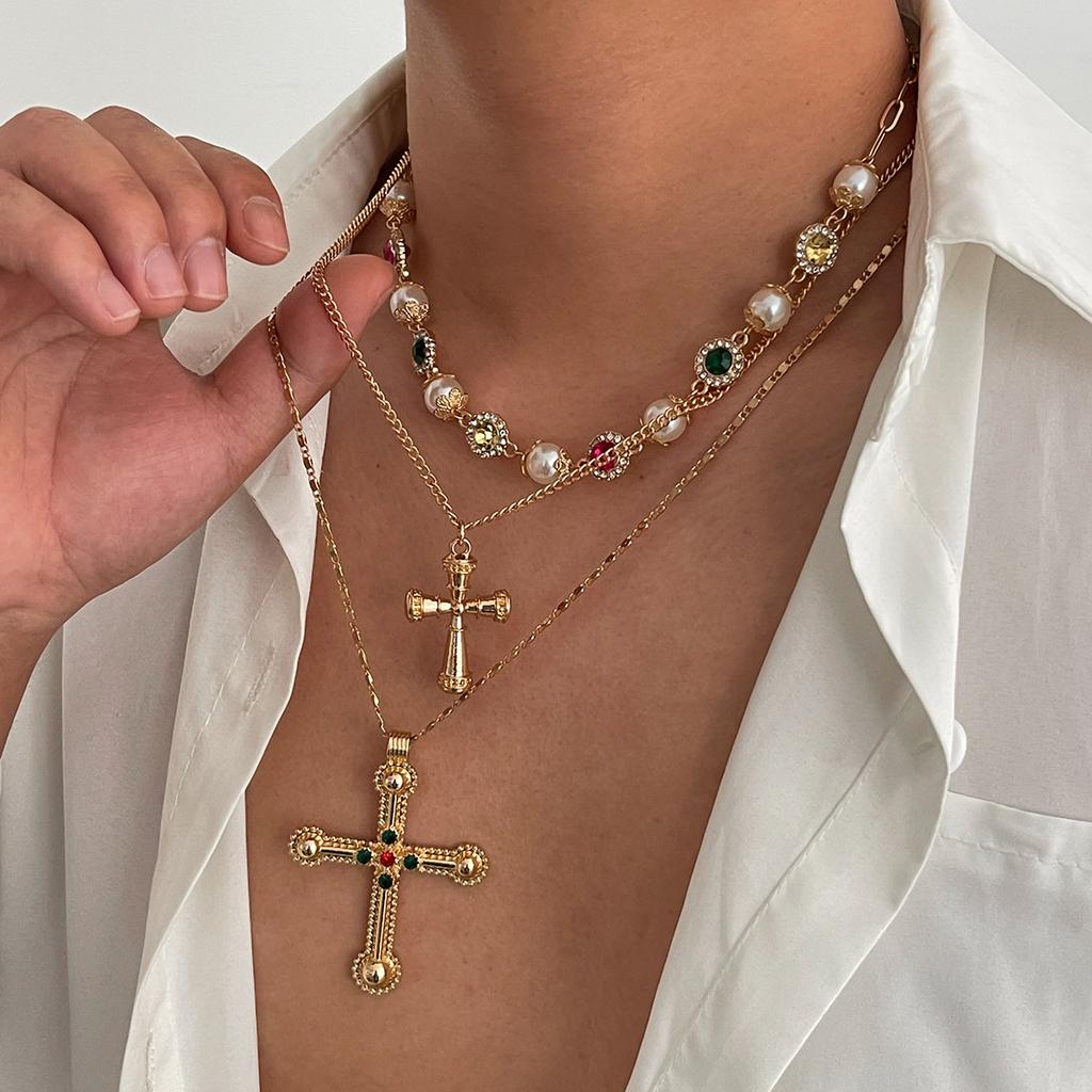 3 шт./комплект Панк Кристальный Крест Подвеска Ожерелье для Мужчин Женщин Креативная Имитация Жемчуга Многослойная Ключичная Цепь Y2K Украшение Подарок