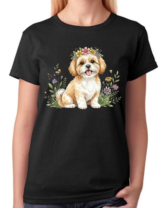 Floral Shih Tzu Puppy Illustration Ladies T-Shirt Cute Dog Art Tee