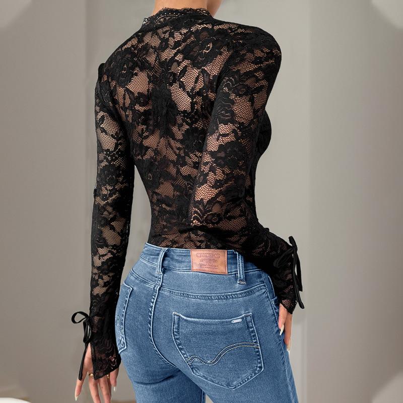 Женский комбинезон с кружевом и лоскутным кроем, с длинным рукавом и V-образным вырезом, сексуальное черное боди