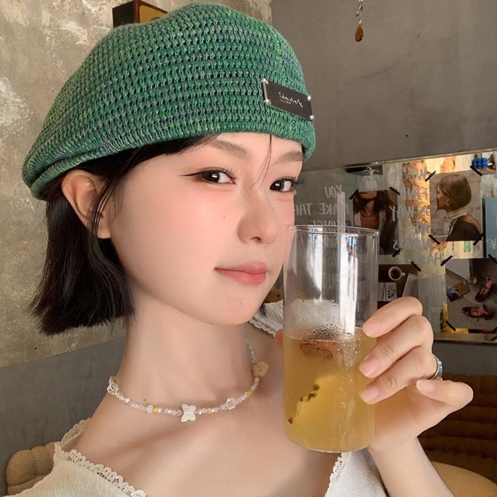 Japanese Style Weave Hat Vintage Crochet Knitted Cap Elegant Hollowed Out Beret Hat Spring