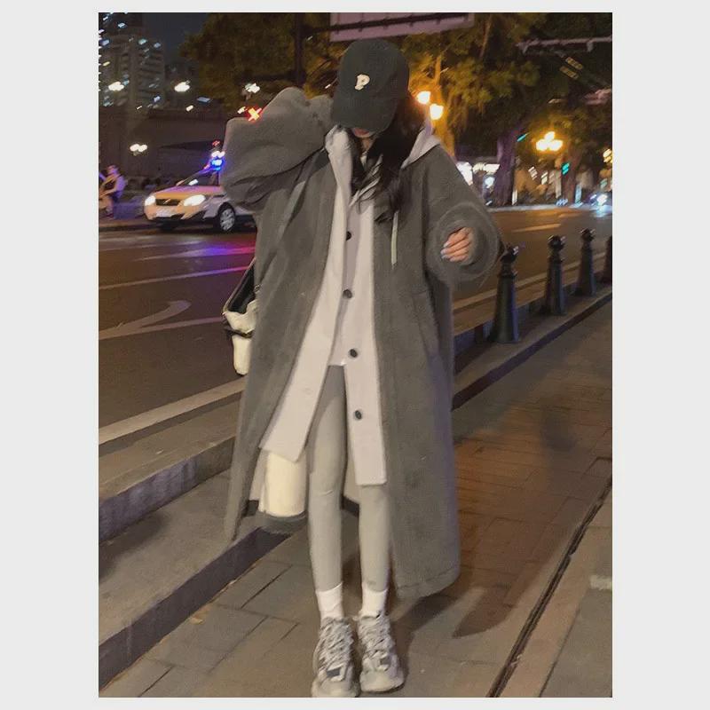 Корейский шикарный длинный капюшон из овчины с юбкой-пальто - женский осенне-зимний модный тренд из двух предметов