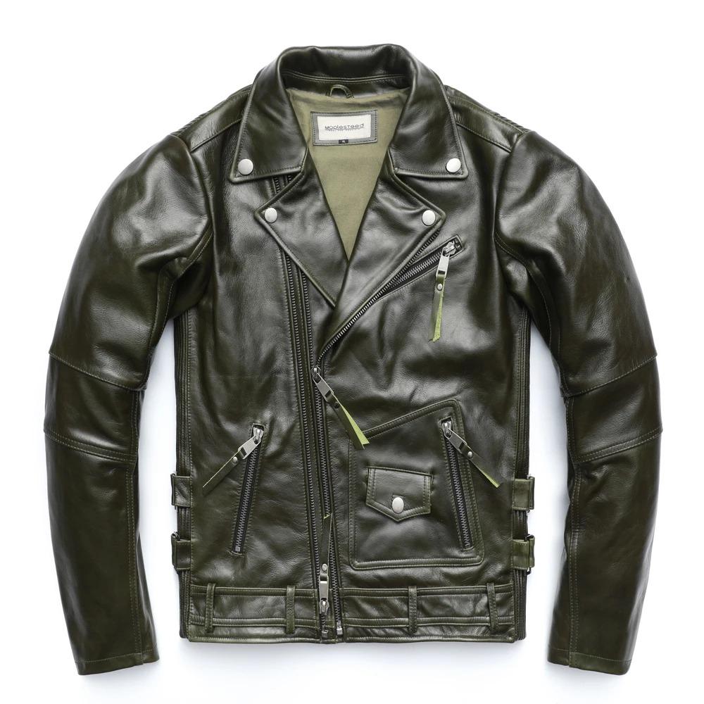 Chinese Size Unique Army Green Motorcycle Jacket Men Leather Jacket 100% Oil Wax Cowhide Motor Biker Jacket Male Leather Coat Winter M455