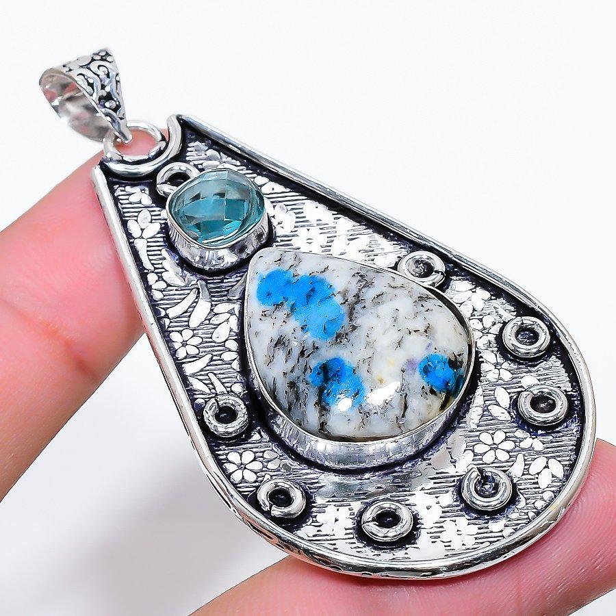 K2 Blue Azurite, Topaz 925 Sterling Silver Jewelry Pendant 2.64" Q5C21