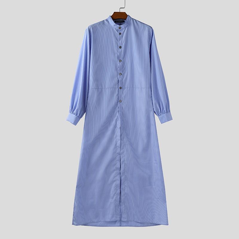 INCERUN Мужские рубашки оверсайз со стойкой, рукавами-буфами, полосатым принтом, пуговицами, высокими разрезами