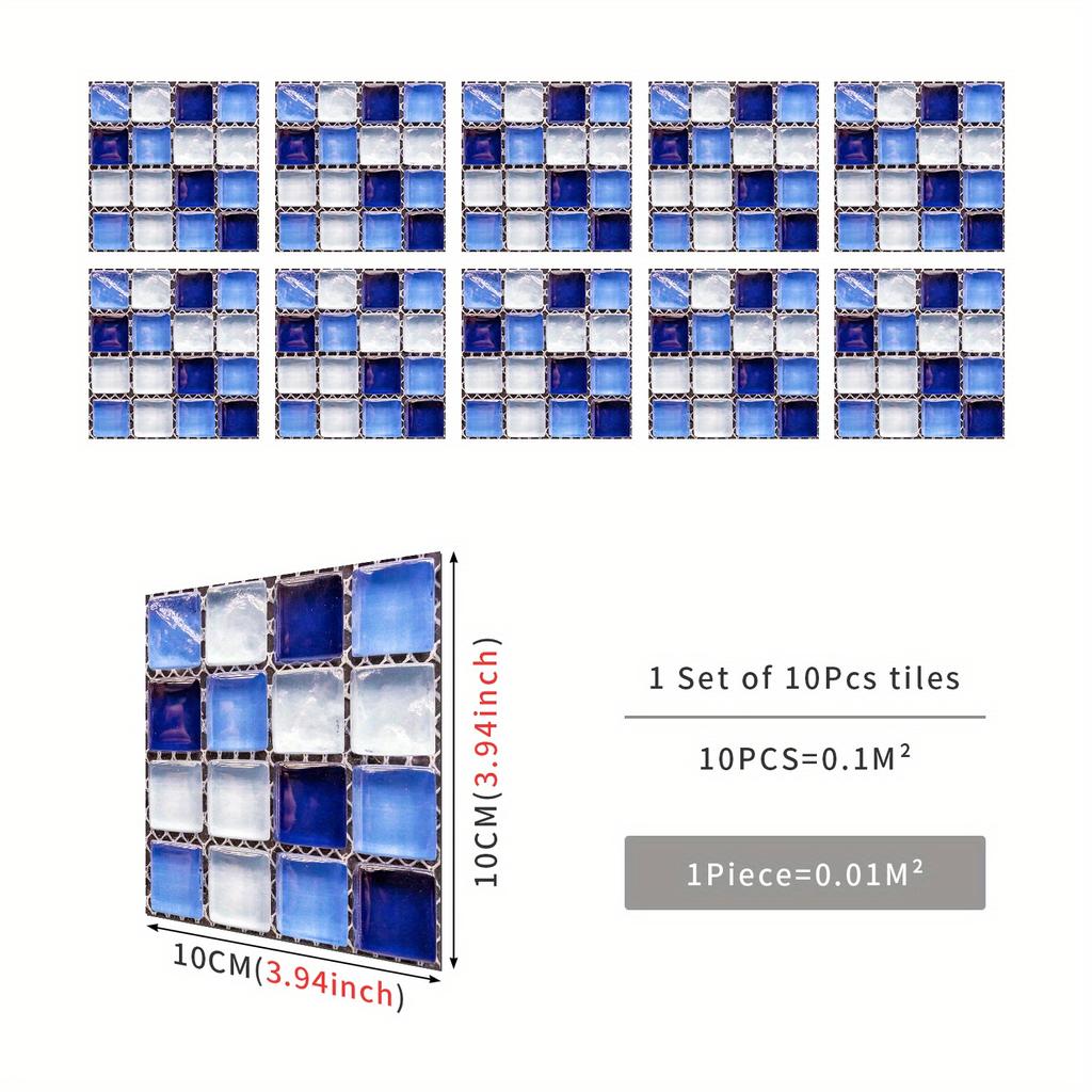 10pcs Mosaic Tile Sticker Waterproof Self-Adhesive Wall Decor for Kitchen & Bathroom - Oil Proof Wall Sticker