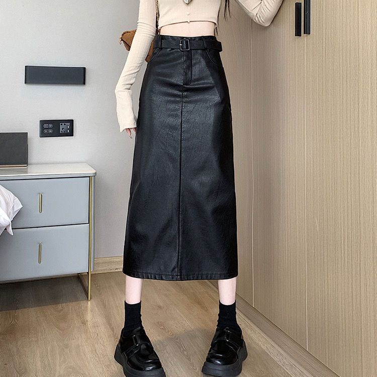 Кожаная длинная юбка женская новая корейская версия тонкой высокой талии иностранной юбки А-образного силуэта полудлинная юбка длинная юбка с одним шагом осень и зима