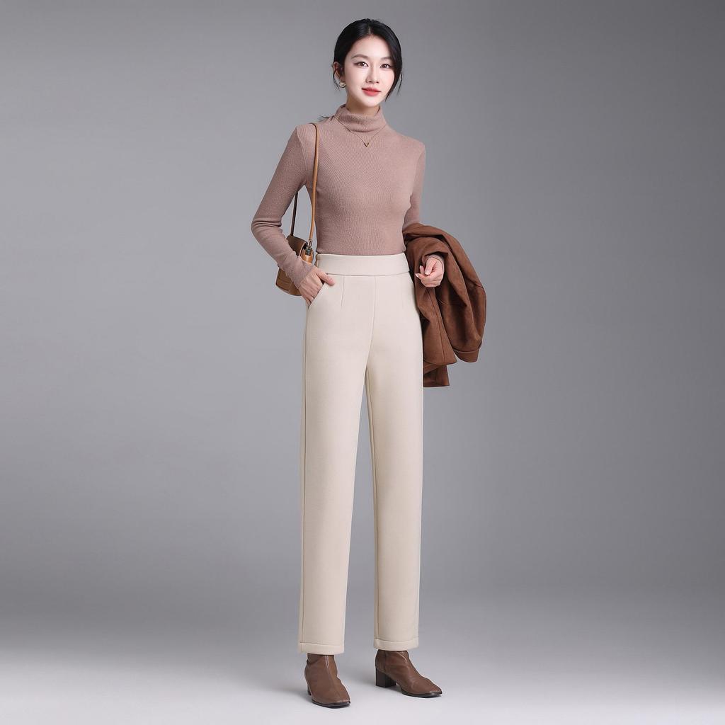 Женские черные кашемировые брюки с флисовой подкладкой, с высокой посадкой и широкими штанинами: Похудение, Универсальный, Зимняя повседневная одежда