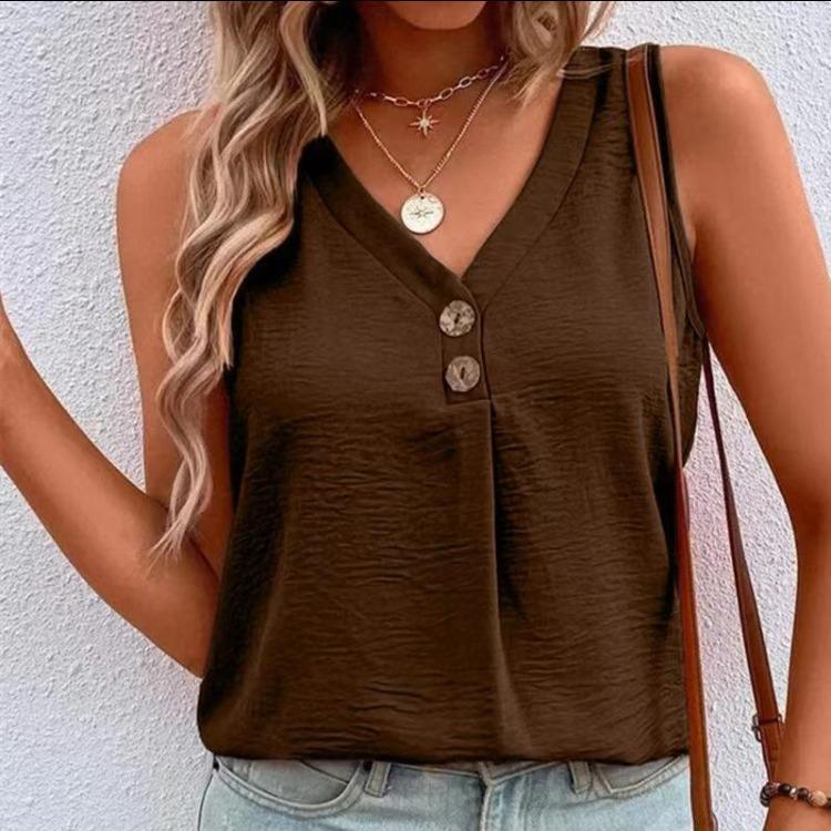 Women Casual Sleeveless Solid Color Button Vest Pullover Summer Top