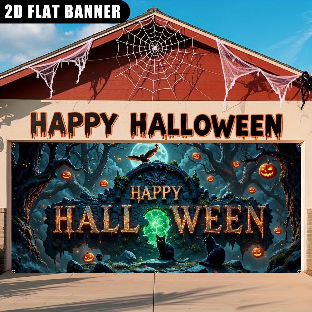 2D door banner, 1 piece, Halloween garage door banner with illuminated neon light "Happy Halloween" logo