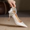 2024new Bowknot Pearl Heels Slender Heel Pointed Single Shoe Female Bridesmaid Shoes Fashion Simple All-match High Heels Women
