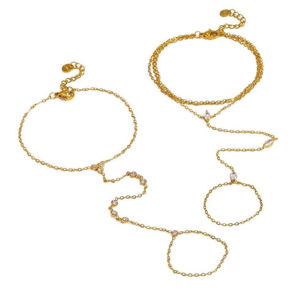 Hot Sale Niche Light Luxury Zircon Back Chain Plated 18K Gold Stainless Steel Integrated Finger Bracelet Color Retaining Jewelry