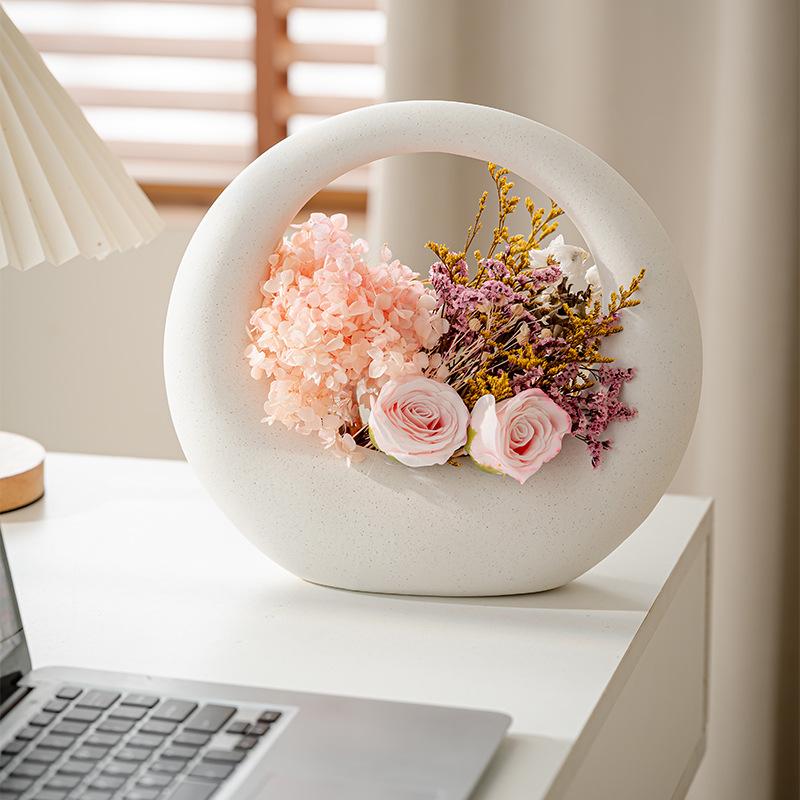Ceramic Vase Geometric Circular Flowerpot Full Moon Flower Arrangement Accessories Flower Basket Ornament Home Decoration