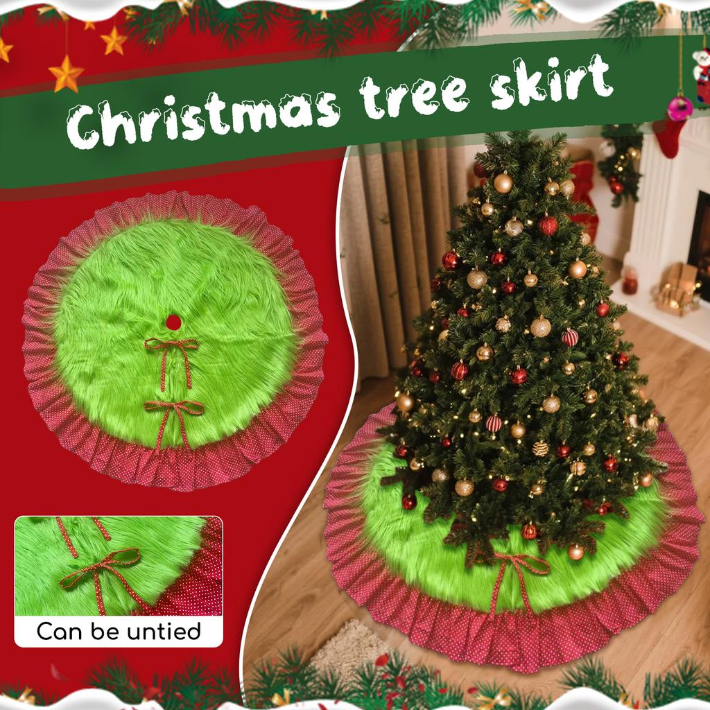 Red And Green Christmas Tree Skirt Furry Plush Christmas Tree Skirts Holiday Glittering Dot Mat Faux Round Carpet For Home Xmas Party Decor