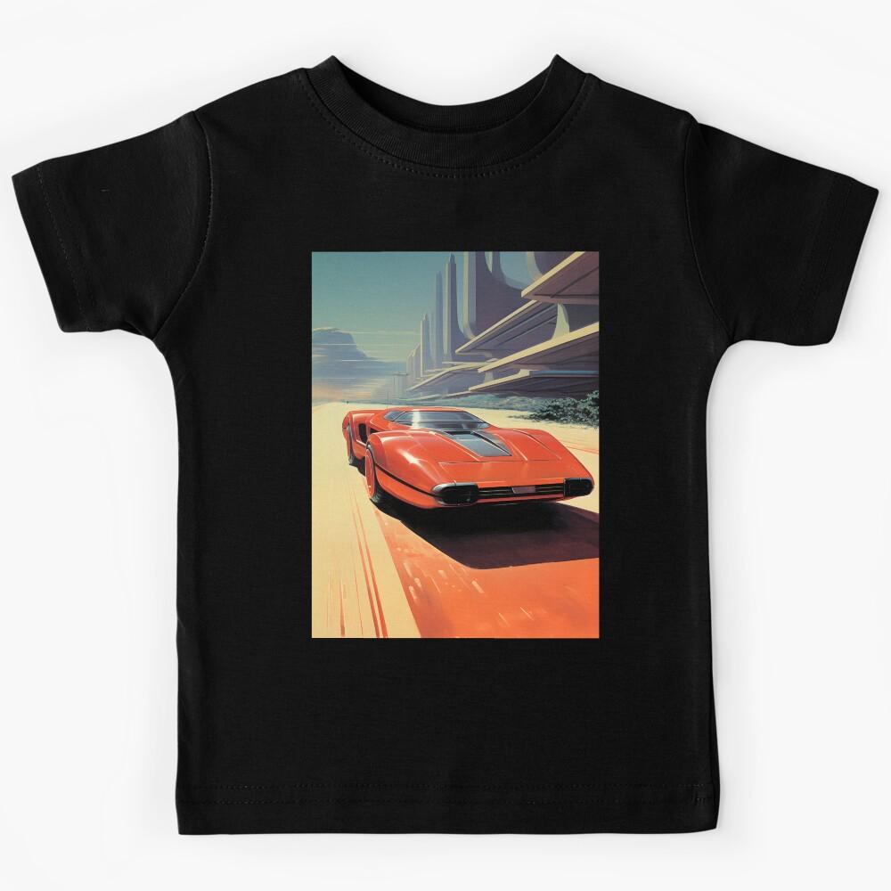Red Color Retro Futuristic Sports Car and an Extraterrestrial Desert Landscape at Evening with Sunset Sky Kids T-Shirt
