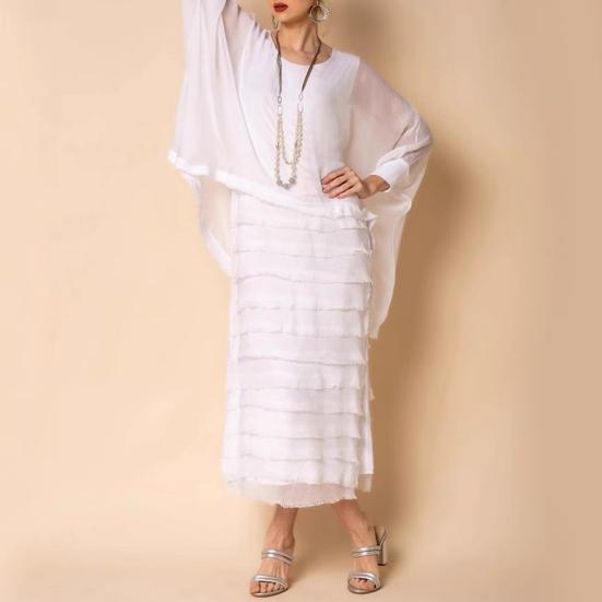 Платье-двойка с длинным рукавом и шалью, двухслойное шифоновое платье с круглым вырезом