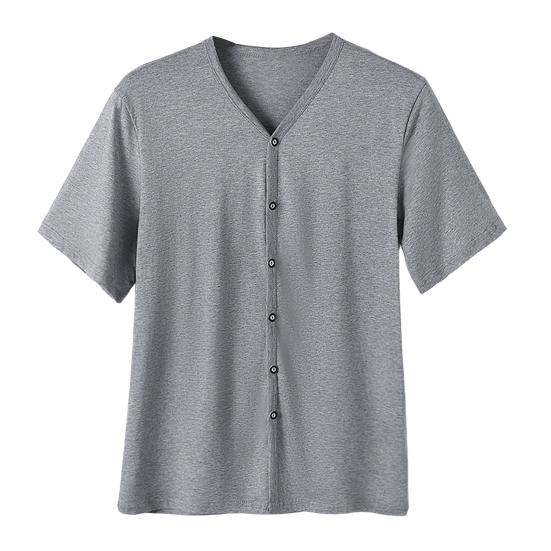 Men Button Down T-shirt Solid Color V-Neck Short Sleeve Tee Shirt Summer Casual