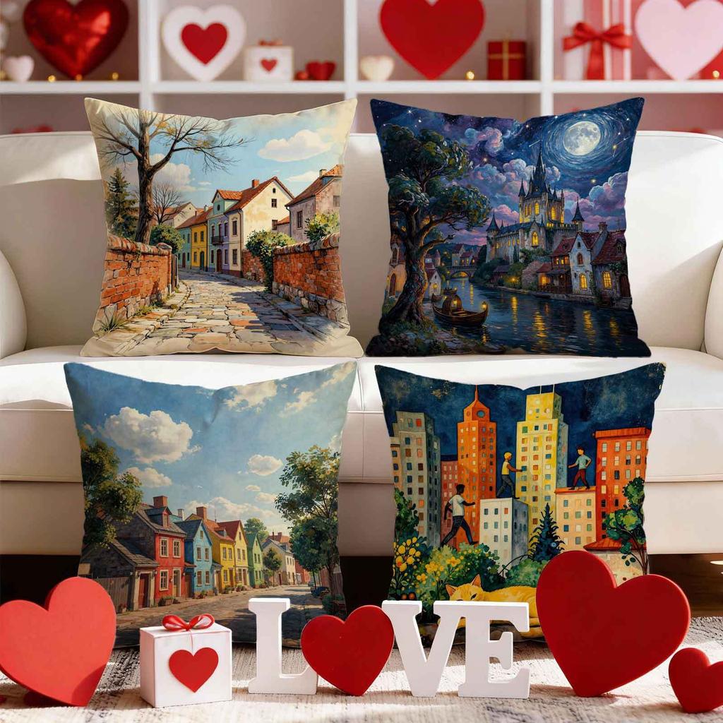 Romantic Moonlight Castle Pattern Printing Pillow Cover Short Plush Suitable Living Rooms Bedrooms Sofas Throw Cushion Cover