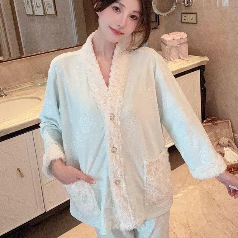 Женский пижамный комплект из розового флиса - Лонгслив и брюки, осенне-зимний стиль