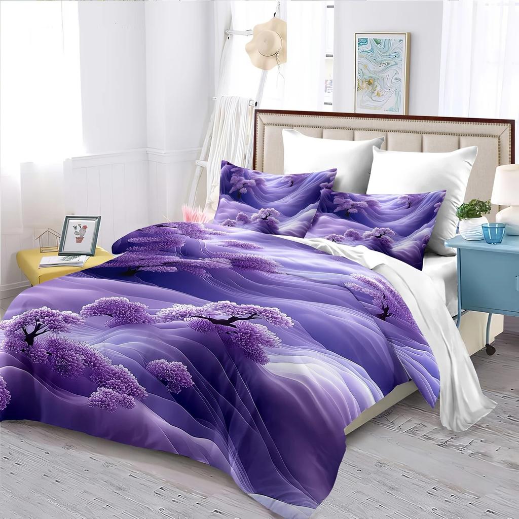 Пододеяльник с узором из фиолетовых цветов в стиле легкой роскоши, размер Queen King, 3D-печать, мягкое и удобное постельное белье, комплект из 3 предметов