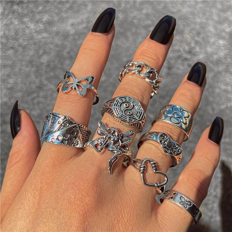 17KM Retro Hiphop Snake Skeleton Skull Rings Set For Men Women Punk Silver Plated Butterfly Chain Rings 2022 Trend Jewelry Gifts