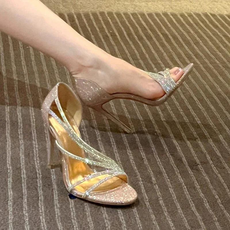 Босоножки на высоком каблуке с кристаллами, женские роскошные босоножки, туфли на лето 2024 года, сексуальные элегантные римские туфли, туфли-лодочки на шпильках, босоножки на каблуке