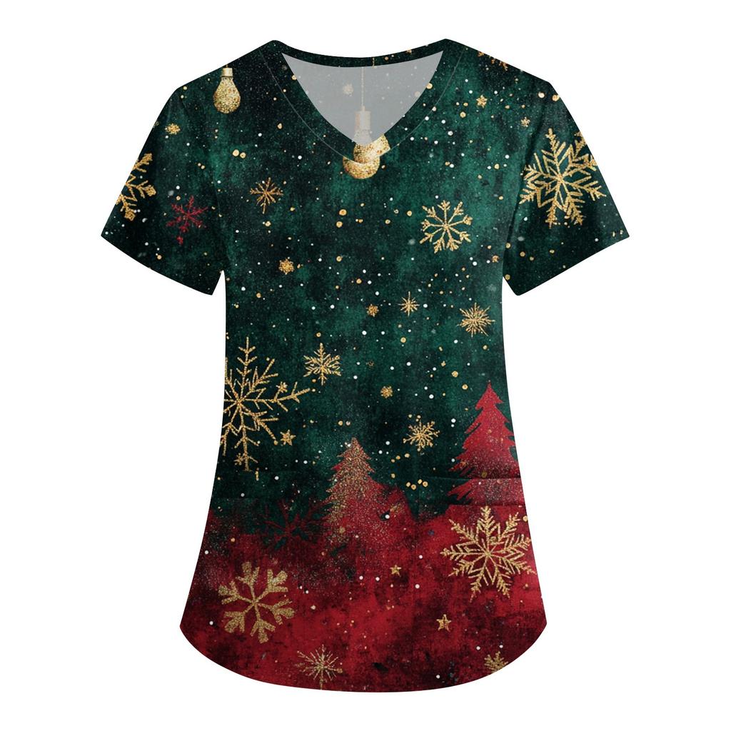 Женская симпатичная рабочая одежда с принтом, V-образным вырезом, двухслойными карманами, базовым коротким рукавом, пуловером на Рождество