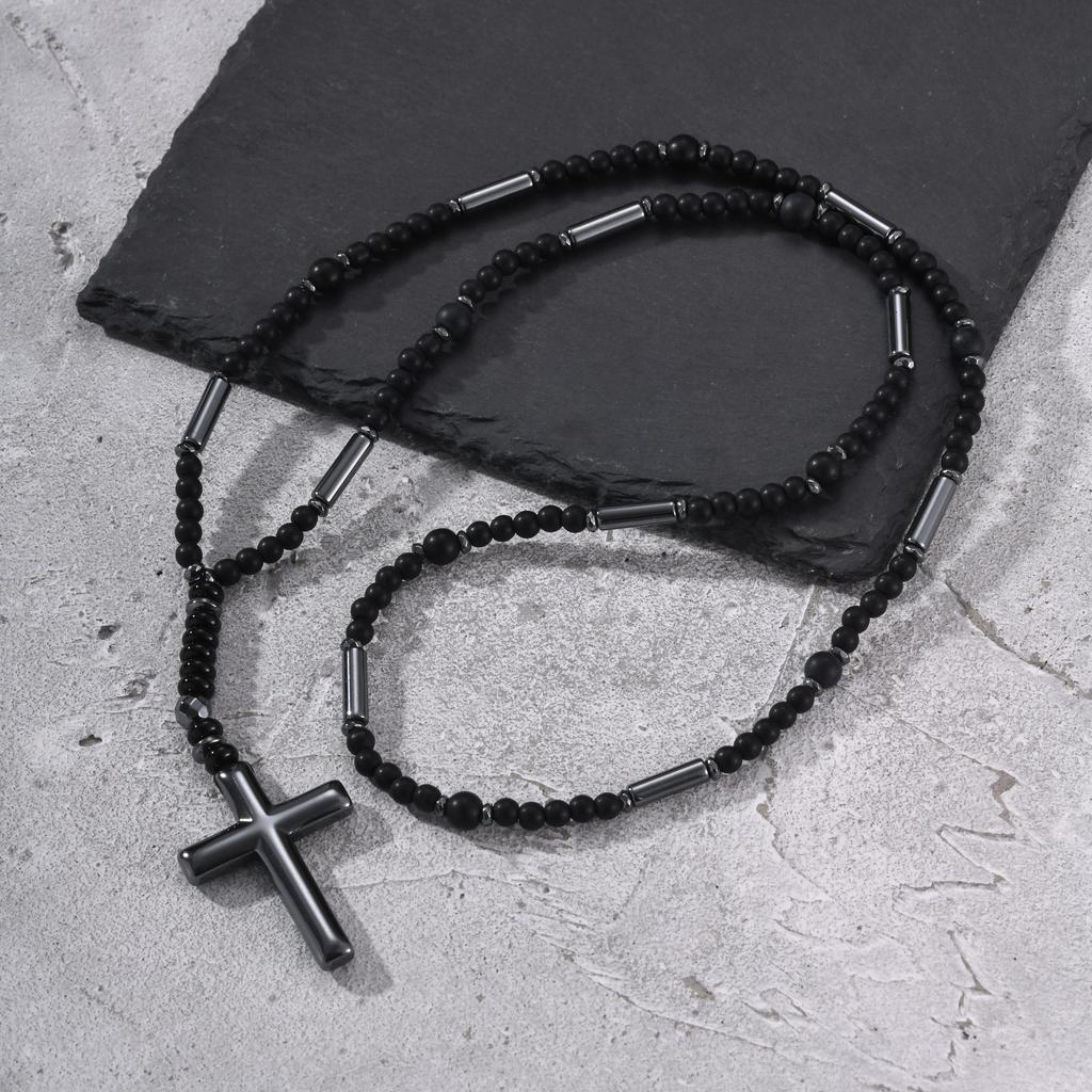 Xiaomi Vnox Hematite Cross Pendant Necklace for Men Black Onyx Beaded Chain Long Male Prayer Jewelry Punk Street Style Gift