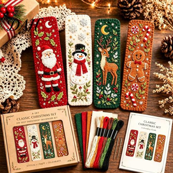 Christmas Embroidery Bookmark Set DIY Felt Kit, Woodland Animal Pet Craft Beginner Friendly Sewing Crafts Holiday Themed Kit for Adults, Handmade Book