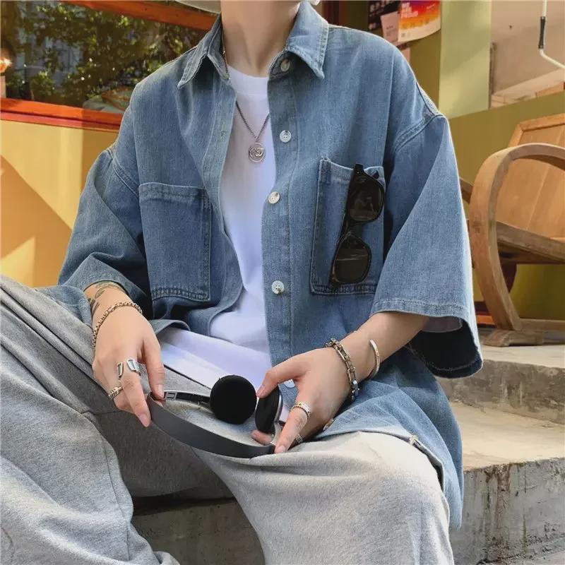 Мужская летняя рабочая джинсовая рубашка с коротким рукавом - модный японский гонконгский стиль