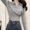 Korean Chic Turndown Collar Sweaters Female Gray Slim Fit Long Sleeve Cropped Sweater for Woman Streetwear Knit Pullovers