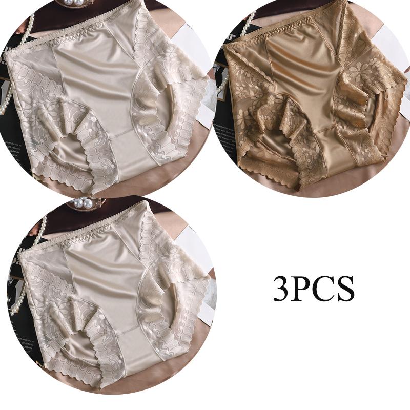 3pcs/sets Sexy High Waisted Lingerie Silky Satin Knickers Briefs Women's Soft Breathable Underwear Lace Breathable Pantys Triangle Panties for Women