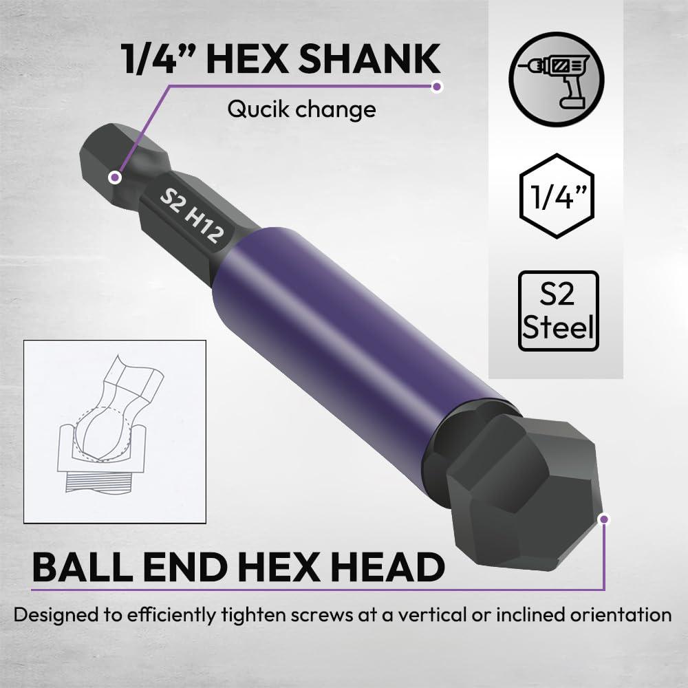 12Pcs Hex Ball End Screwdriver Bits 1/4 Inch Shank S2 Alloy Steel Screwdriver Bits Set