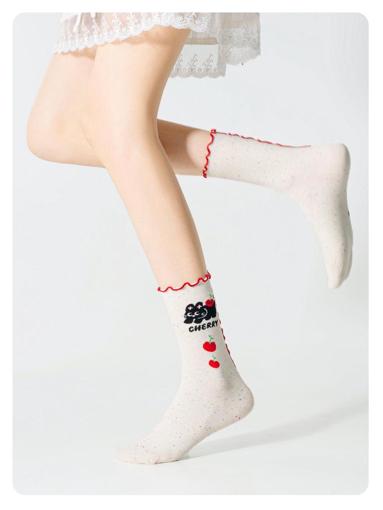 Милые мультяшные носки из кружевной сетки в горошек - Женские весенне-осенние хлопковые носки до середины икры, Сладкий дизайн с животными