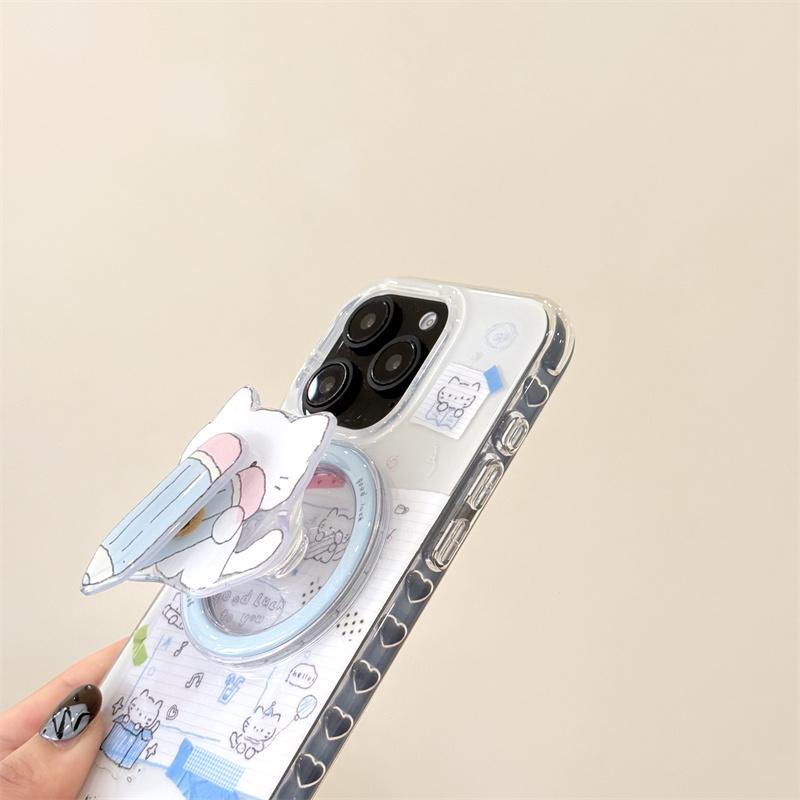 Korean Cute Cat Stand Holder For iPhone 16 Pro 14 13 15 Pro Max Magnetic Phone Case with Bracket For Magsafe Shockproof Cover