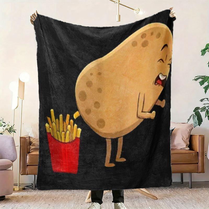 Funny Cartoon Potato French Fries Print Flannel Throw Blanket Ultra Soft Lightweight Blanket for Sofa Bed Home Decor Gift for Food Lovers