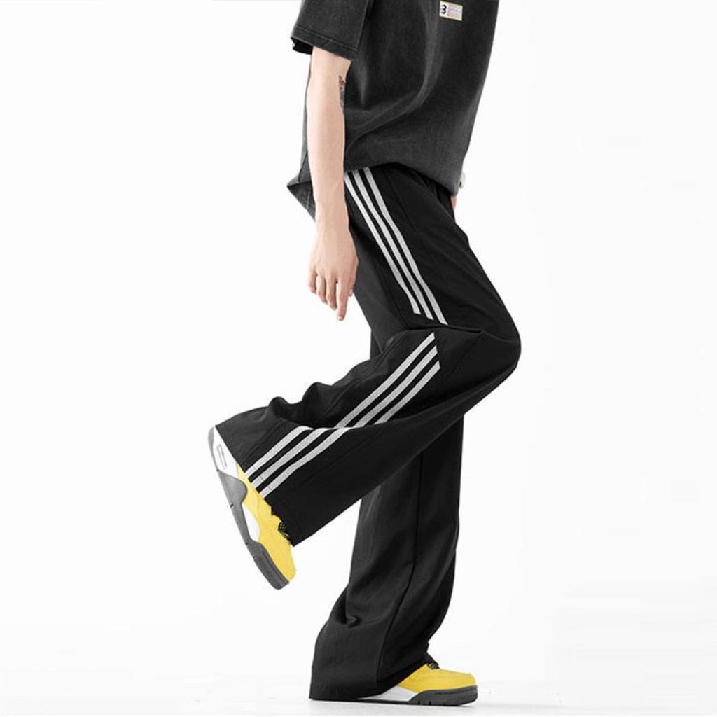 Полосатые повседневные брюки из ледяного шелка для мужчин и женщин, летние тонкие модные брендовые свободные быстросохнущие прямые брюки для зарядки, брюки парашютиста для мужчин