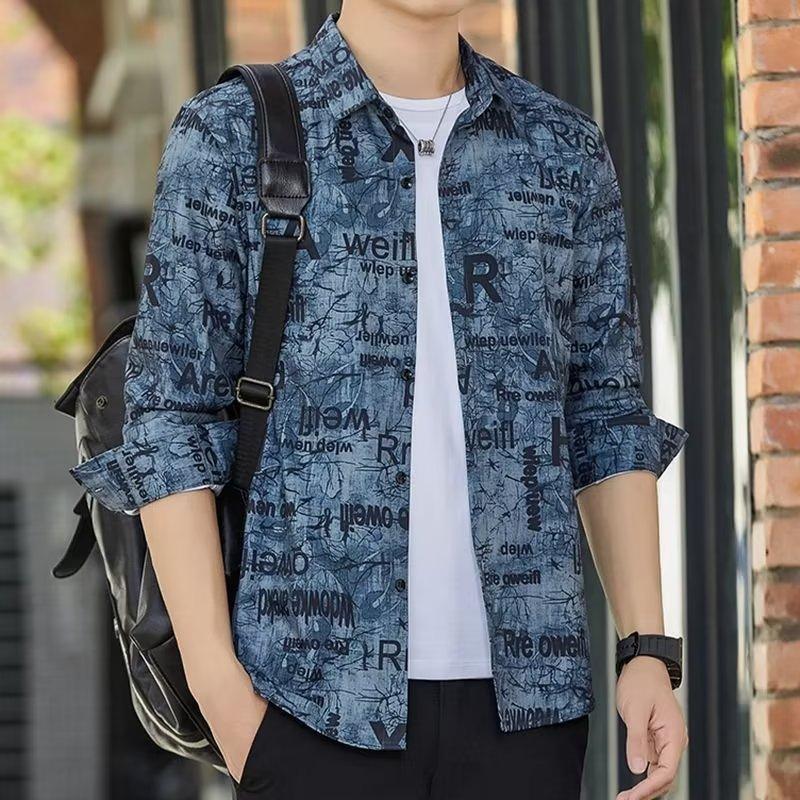 Spring and Autumn New High-Grade Personalized Letter Long-Sleeved Shirt Versatile Hand-Painted Graffiti Shirt Men's Shirt