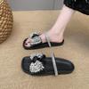 New Flat-bottomed Bow-tied Rhinestone Slippers Women's Cross-strapped Satin Open-toed Fashion Outer Slippers