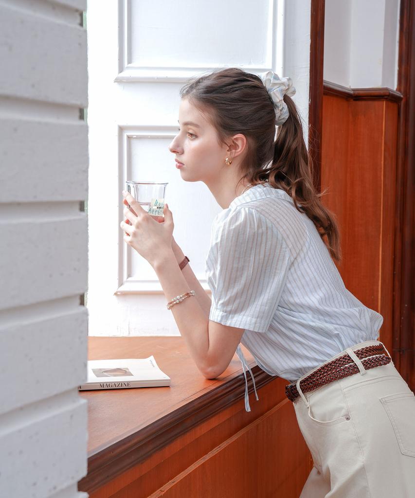 PIGMENT See-Through Neck Shirred Stripe Blouse (Kybl2604006)