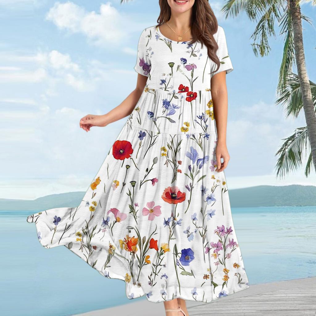 Женское повседневное свободное богемное платье с цветочным принтом, длинное макси-платье с коротким рукавом, летнее пляжное платье-качели