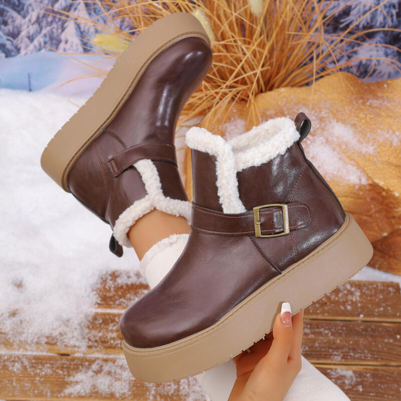 Модные водонепроницаемые женские зимние ботинки из ПУ на толстой подошве 2025 с металлической пряжкой, на массивной платформе, пушистые ботильоны до щиколотки, теплые плюшевые повседневные туфли