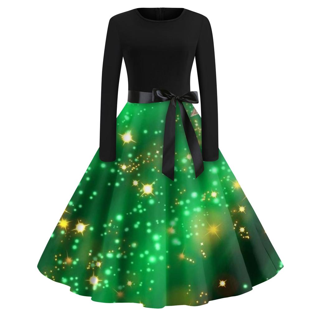 Женская мода с круглым вырезом, повседневные тонкие рождественские платья с длинным рукавом и принтом