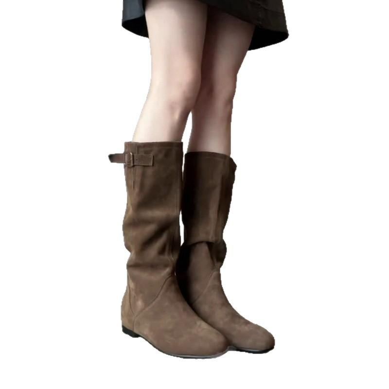 Версия из овчины ~ внутренний завышен в высоту на 5 см, ретро кожаные плиссированные ковбойские сапоги в западном стиле, женские универсальные, но высокие сапоги до колена